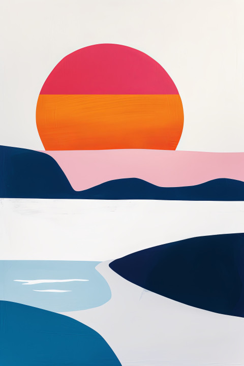 Minimal illustration poster showcasing a serene sunset on the beach