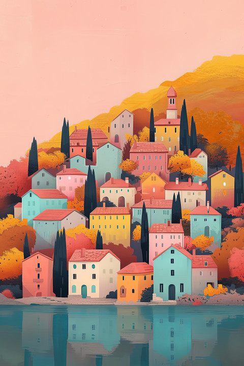 Minimalist autumn cityscape illustration with soft pink and teal tones capturing the essence of the season through falling leaves and a tranquil ambiance