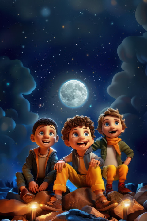 Four joyful kids sit atop rocks under a starlit sky with the moon shining celebrating friendship day