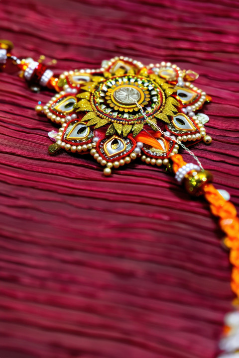 A colorful decoration an orange string the rakhi placed against red fabric symbolizing raksha bandhan concept