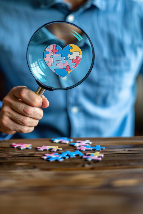 A man holding a magnifying glass examining colorful puzzle pieces shaped like a heart on a wooden table symbolizing attention to heart health