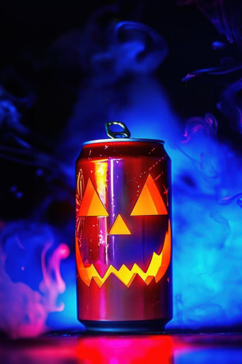 A can with a halloween face and blue smoke in the background spooky and festive