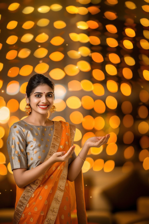 A happy indian woman in traditional dress showing a product in her hand standing against blurred lights at home during diwali