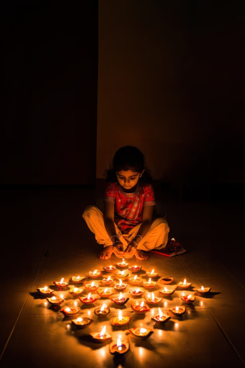 A young girl creating an intricate pattern of diwali lamps on the floor symbolizing joy and lights during the festival season