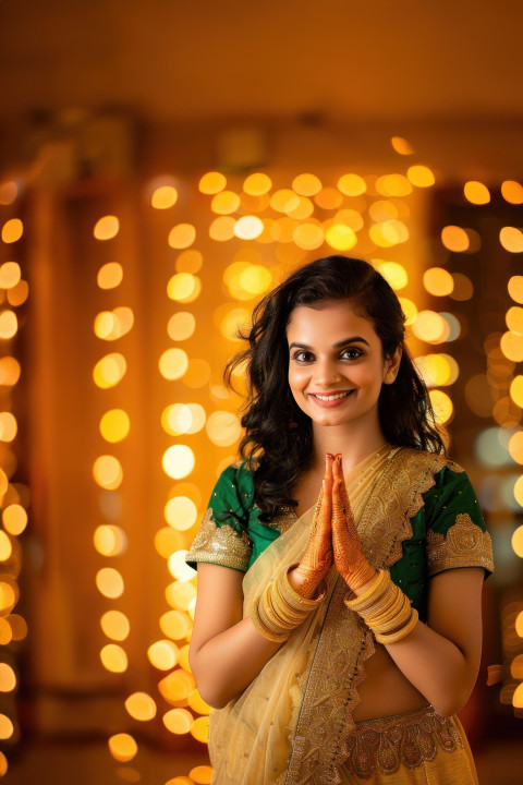 An indian woman standing with hands clasped together and smiling at the camera during diwali festival celebration showing joy and tradition