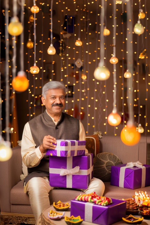 An indian man in his late thirties sitting on a sofa with purple and white gift boxes holding them in both hands