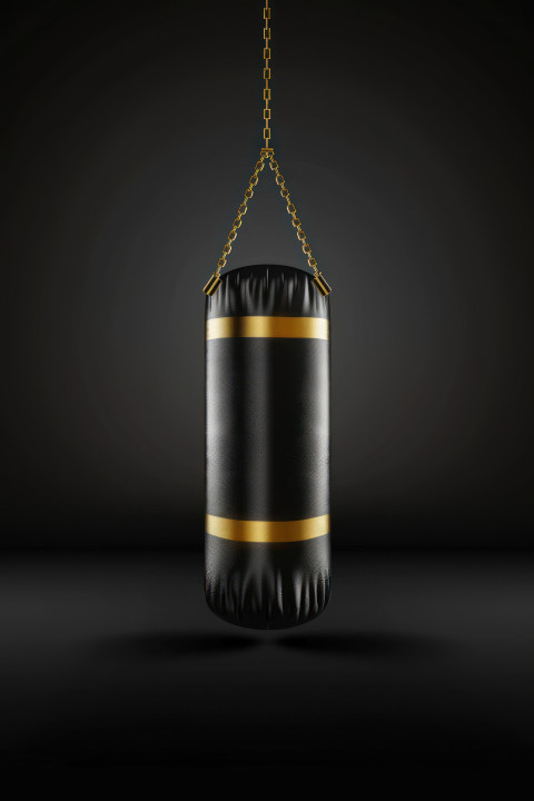 Black and gold punching bag on a black background