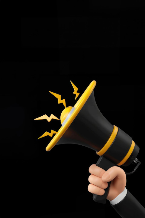 3d cartoon man hand holding megaphone with yellow lightning bolts coming out on black background symbolizing black friday sales