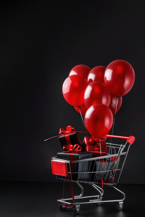 A shopping cart filled with red balloons and gifts on black background represents black friday sales