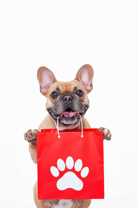 A happy french bulldog holding a red shopping bag with white paw print pattern isolated on a white background symbolizing black friday sales