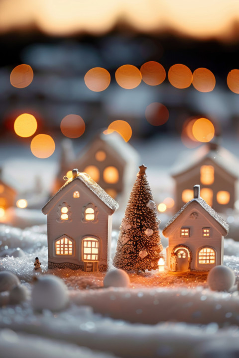 White clay houses and trees with warm lights against background of snow covered fields festive