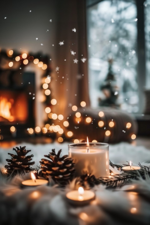 Cozy living room decorated with christmas candles and pine cones on the table festive