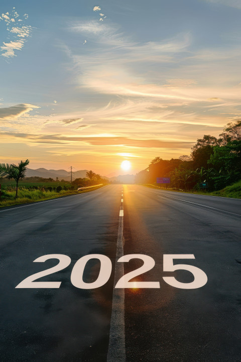 2025 written on asphalt road with sunrise sky in the background