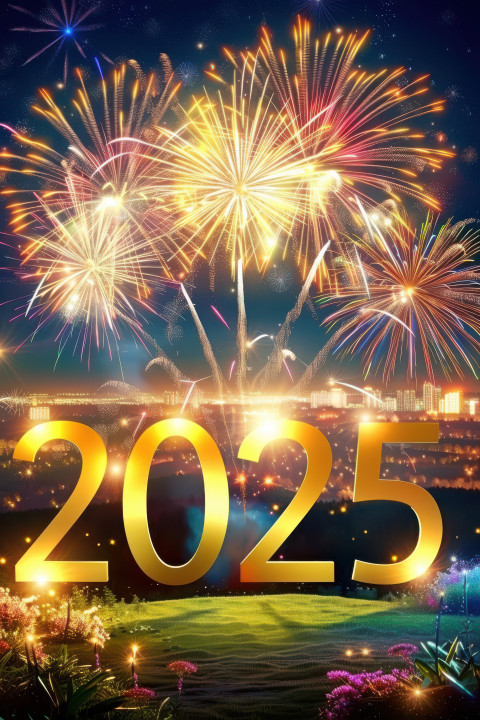 Fireworks illuminating the night sky with golden 2025 in elegant script at the center celebrating new year