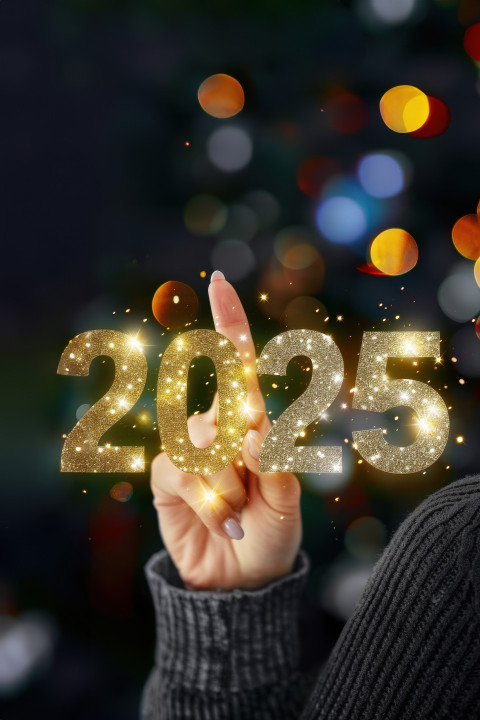 Woman hand pointing to the golden 2025 on a black background celebrating new year