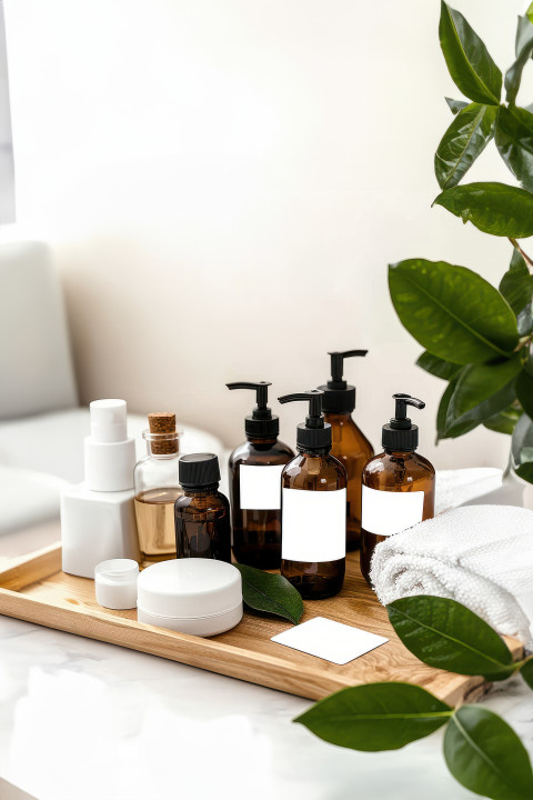 Wooden tray with various beauty products and white blank labels set against a background