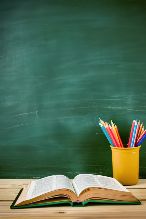 Green chalkboard background with an open book and pencil holder on the desk