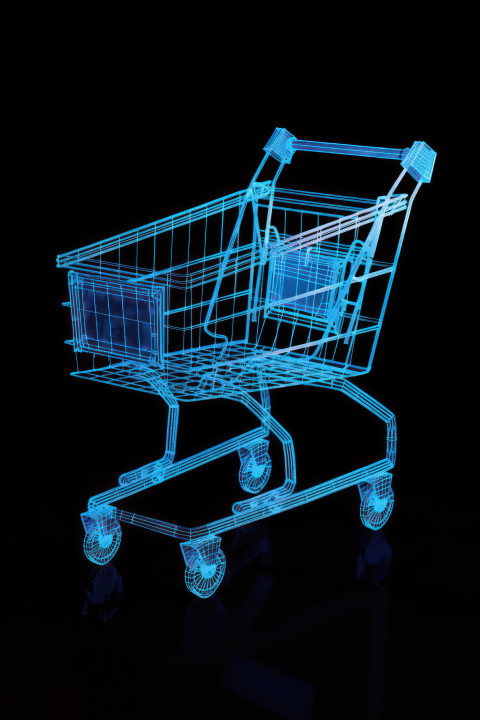 Blue wireframe shopping cart on black background symbolizing online shopping