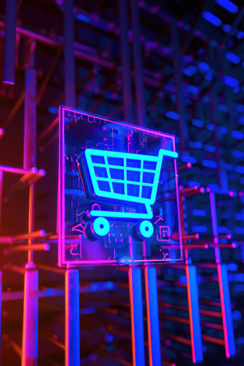 Glowing neon blue and purple shopping cart icon on digital background