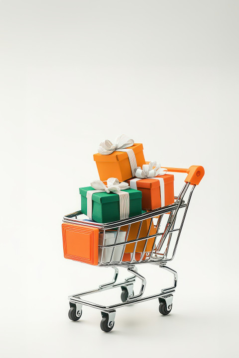 Small shopping cart with gift boxes in indian flag colors against white background