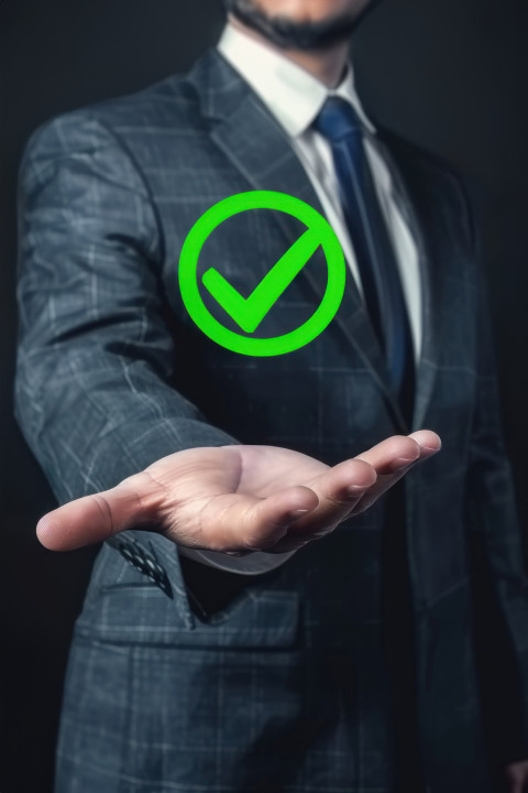 Businessman in suit hand holding with green check mark icon showing business performance checklist