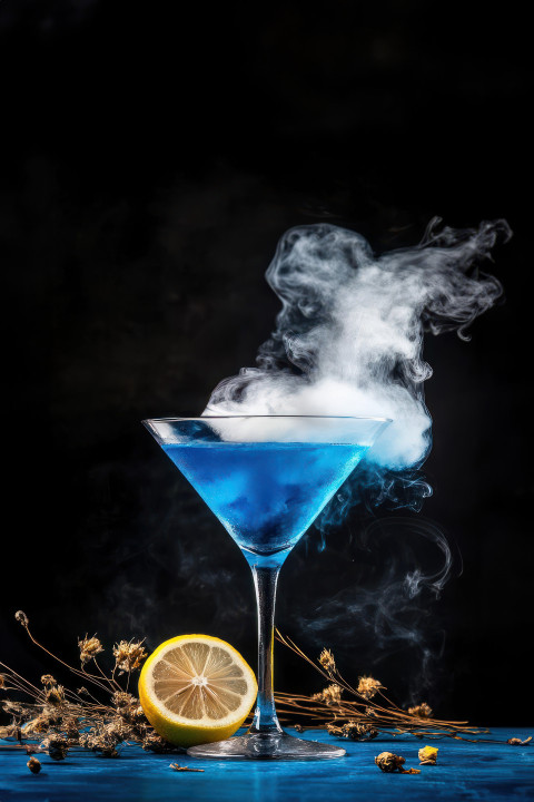 Blue cocktail in martini glass with smoke and lemon dramatic presentation against black background