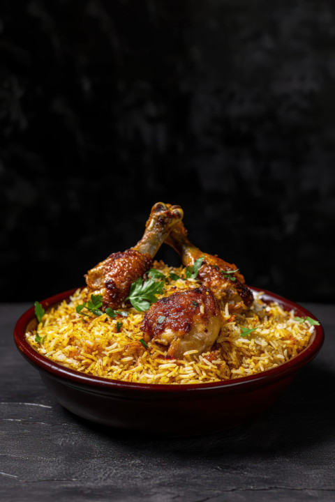 Beautifully presented biryani dish with golden rice and succulent chicken pieces on top