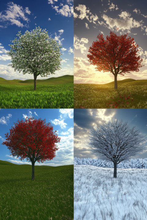 Four changing seasons one tree each season springtime blossoming leaves summer grassy meadow