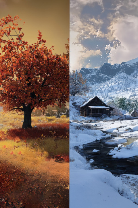 Side by side comparison same landscape in autumn and winter showing different weather conditions