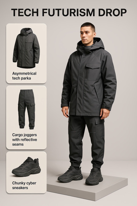 3D male in cyberpunk techwear stands on platform in TECH FUTURISM DROP for Outfit Builder UI