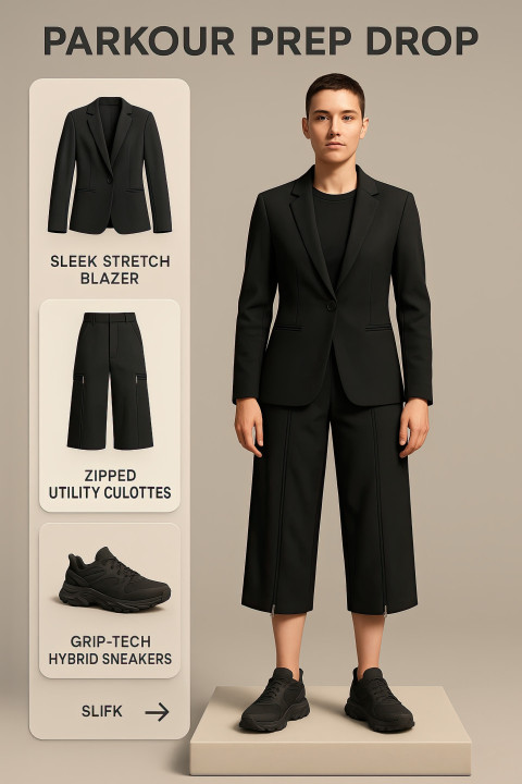 PARKOUR PREP DROP shows 3D nonbinary model in athletic elegant layers for Outfit Builder UI