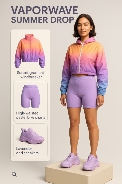 VAPORWAVE SUMMER DROP features 3D female in retro digital outfit