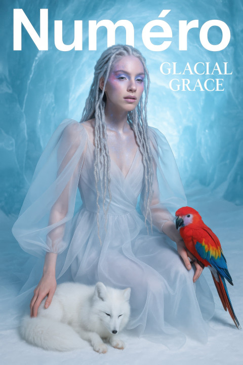 Ethereal model in icy tones with arctic fox and silver dreadlocks in glacier cave