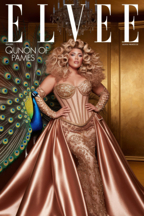 Femme model in gold corset with peacock feathers in palace setting