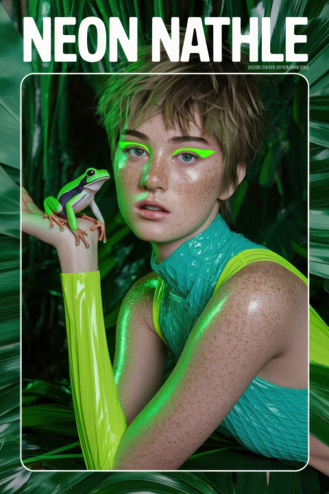 Freckled teen model in neon fashion with tree frog in green rainforest setting