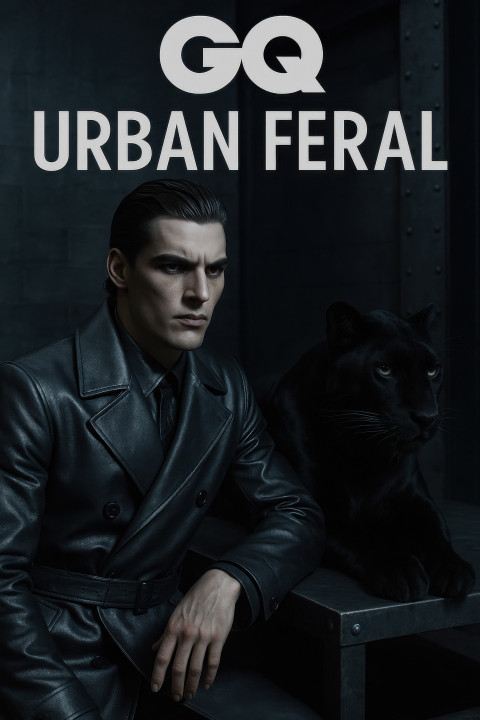 Masculine model in steel trench coat with black panther on urban platform