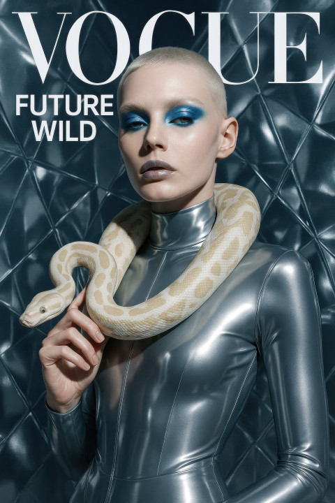 Androgynous model in icy silver fashion with albino python