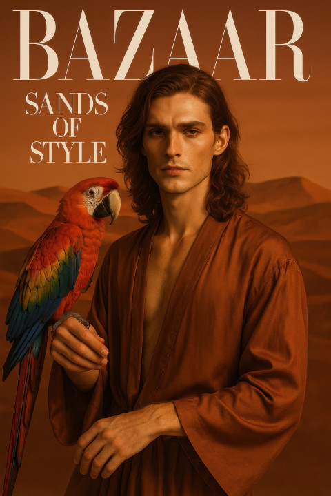 Male model in burnt orange robe with scarlet macaw in desert tones