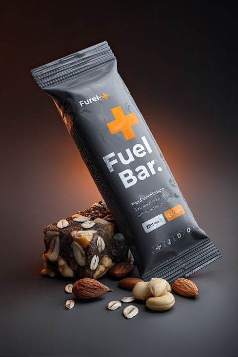 Hyper-realistic mockup of a protein bar with "Fuel Bar+" label. Surrounded by nuts and grains Hyper-realistic mockup of a protein bar with "Fuel Bar+" label. Surrounded by nuts and grains