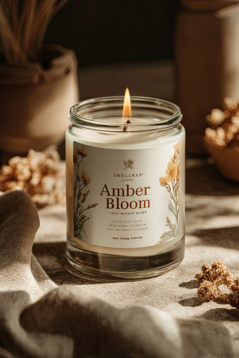Hyper-realistic mockup of a luxury candle jar with "Amber Bloom" label Hyper-realistic mockup of a luxury candle jar with "Amber Bloom" label