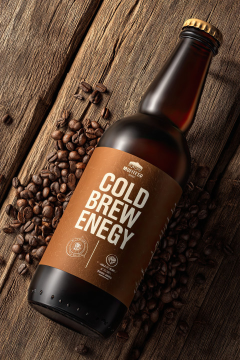 Hyper-realistic mockup of a cold brew coffee bottle with "Cold Brew Energy" label. Surrounded by coffee beans Hyper-realistic mockup of a cold brew coffee bottle with "Cold Brew Energy" label. Surrounded by coffee beans