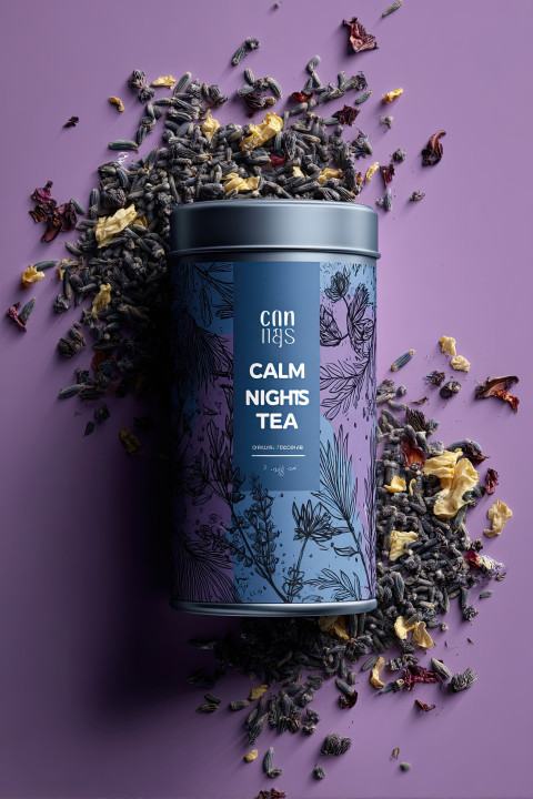 Hyper-realistic mockup of a "Calm Nights Tea" tin with hand-drawn herbs. Elegant packaging design Hyper-realistic mockup of a "Calm Nights Tea" tin with hand-drawn herbs. Elegant packaging design
