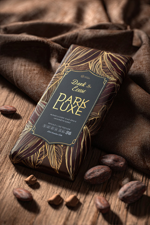 Hyper-realistic mockup of a gourmet chocolate bar with "Dark Luxe 85%" label. Ideal for Midjourney projects seeking luxury packaging designs with cocoa nibs Hyper-realistic mockup of a gourmet chocolate bar with "Dark Luxe 85%" label. Ideal for Midjourney projects seeking luxury packaging designs with cocoa nibs