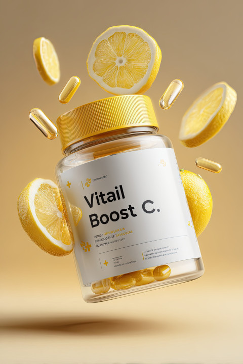 Hyper-realistic mockup of a vitamin supplement jar with "Vital Boost C+" label. Surrounded by lemon slices Hyper-realistic mockup of a vitamin supplement jar with "Vital Boost C+" label. Surrounded by lemon slices
