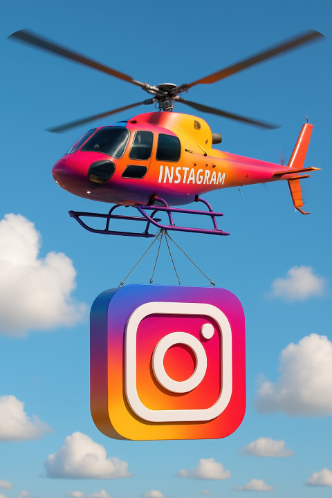Colorful CGI helicopter flying in blue sky carries big Instagram-style logo below by cable Colorful CGI helicopter flying in blue sky carries big Instagram-style logo below by cable