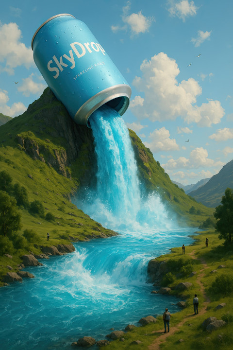 A giant "SkyDrop" can spills a vibrant sky-blue waterfall in a surreal landscape. Perfect for product display A giant "SkyDrop" can spills a vibrant sky-blue waterfall in a surreal landscape. Perfect for product display