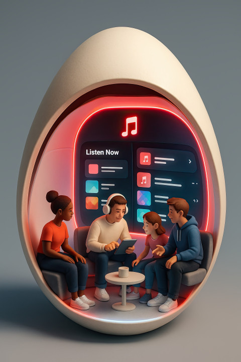 3D diorama egg split to show sleek lounge inside 3D diorama egg split to show sleek lounge inside