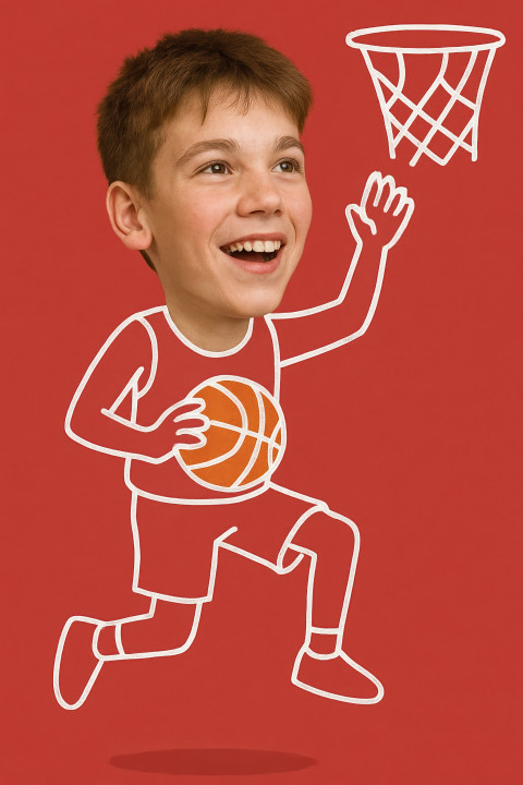 Teen boy photo head on stick figure in basketball gear jumping with ball on red. Stick style character Teen boy photo head on stick figure in basketball gear jumping with ball on red. Stick style character