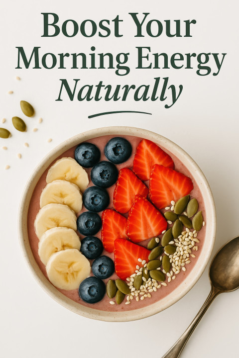 Smoothie bowl topped with fruit and seeds on white backdrop with “Boost Your Morning Energy Naturally” text. Pin ideas Smoothie bowl topped with fruit and seeds on white backdrop with “Boost Your Morning Energy Naturally” text. Pin ideas