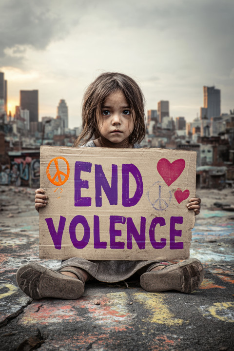 Urban slum girl with scared eyes holds 'End Violence' sign near graffiti walls and cracked ground Urban slum girl with scared eyes holds 'End Violence' sign near graffiti walls and cracked ground